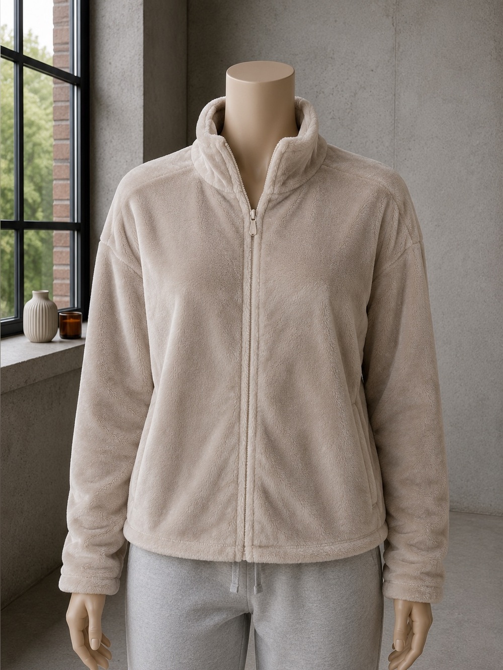 32 Degrees Plush Sherpa Fleece Zip Jacket Beige Large